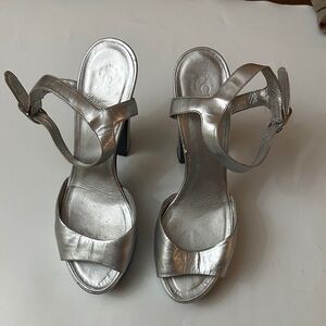 CHANEL Silver Metallic Platform Heel Sandals